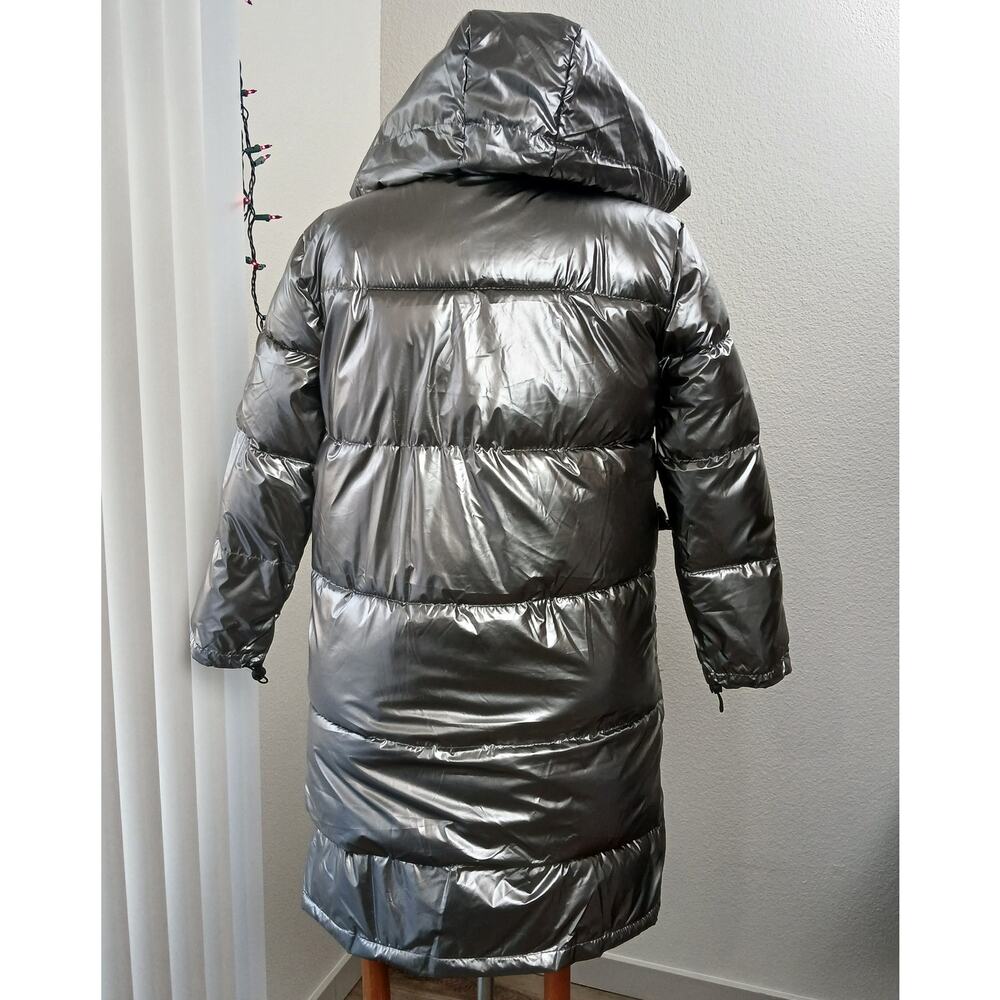 Metallic Silver Hooded Puffer Coat Large warm winter maximalism long line jacket - Picture 3 of 13
